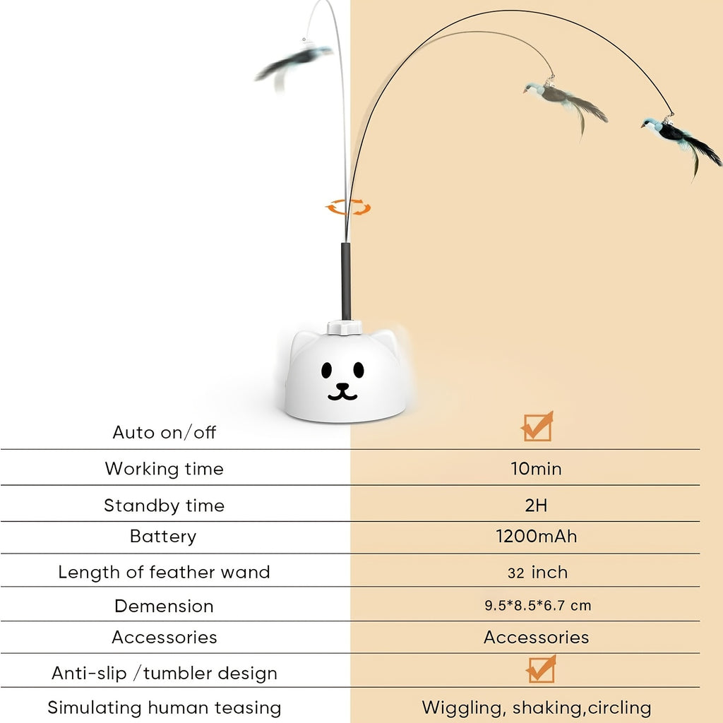 Automatic Bird Cat Toy with Rotating Feather Wand, USB Rechargeable Suction Cup Teaser with Touch Wake-Up for Supervised Indoor Play, White or Black