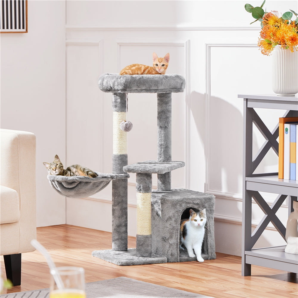 Cat Tree 34.5 Inch with Condo and Basket, Plush Indoor Cat Tower with Nest, Platform, Three Sisal Scratching Posts and Scratching Board in Five Colors