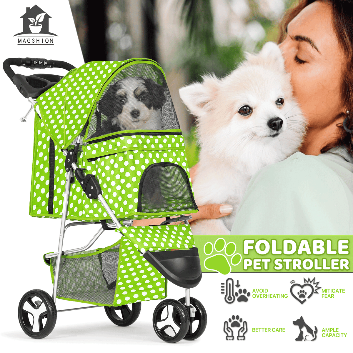Pet Stroller with Storage Basket and Cup Holder, Magshion Three-Wheel Foldable Pushchair for Small and Medium Dogs and Cats, 14 Color and Pattern Options