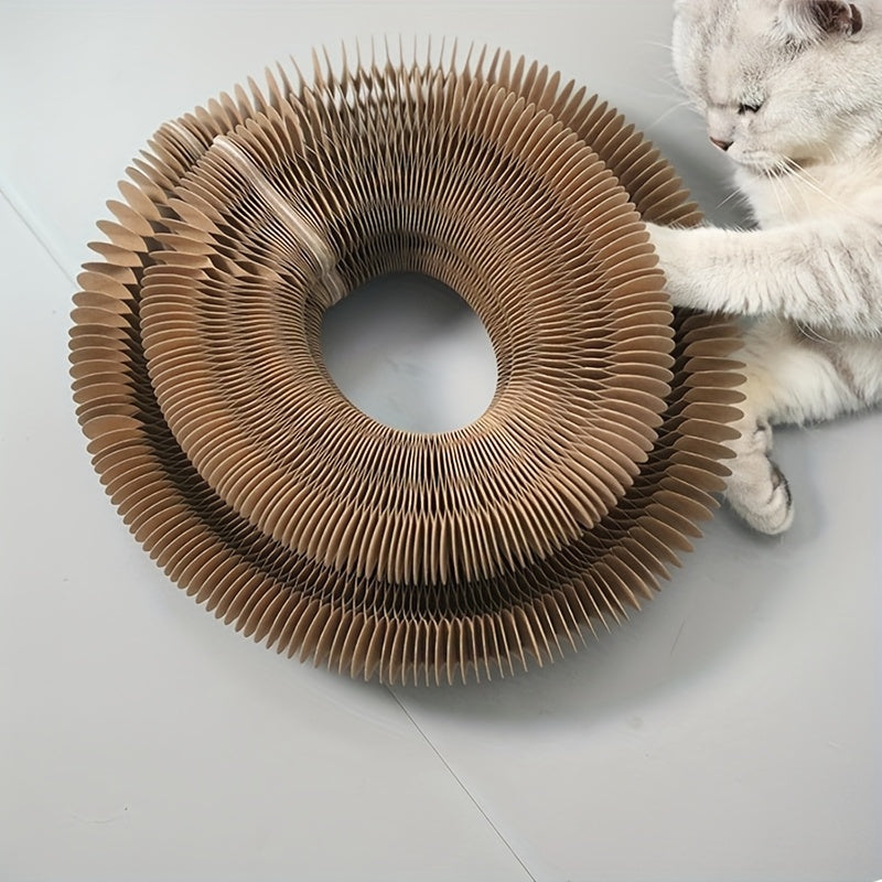 Flower Cat Scratcher Toy with Magnetic Accordion Design, Foldable Corrugated Cardboard Scratching Surface and Bell Ball for Indoor Cat Play