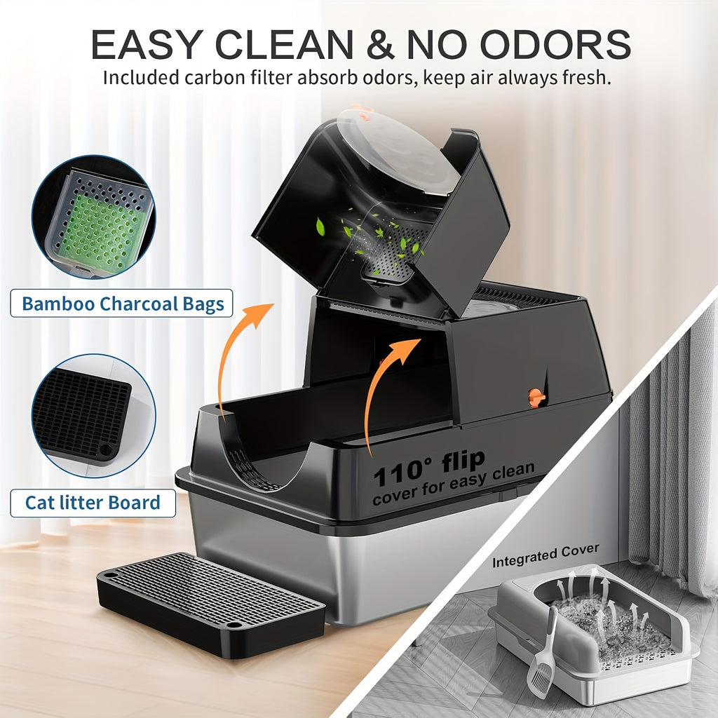 Flip-Top Stainless Steel Litter Box, XL High-Sided Metal Cat Tray with Enclosed and Upgraded Model Options for Indoor Cats and Multi-Cat Home Routines
