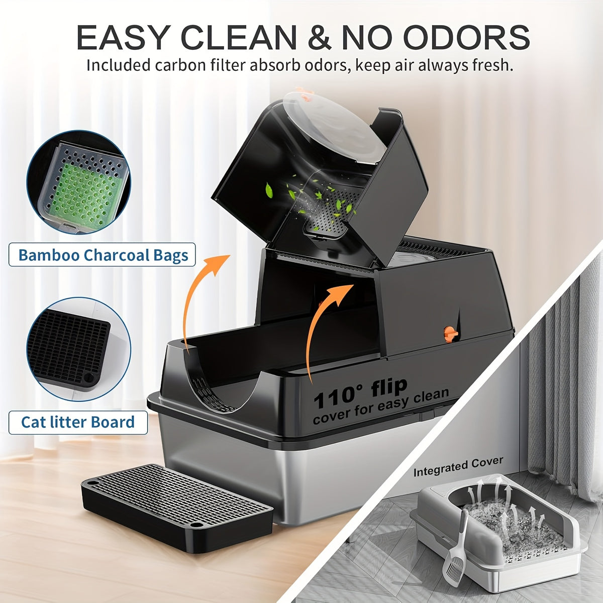 Flip-Top Stainless Steel Litter Box, XL High-Sided Metal Cat Tray with Enclosed and Upgraded Model Options for Indoor Cats and Multi-Cat Home Routines