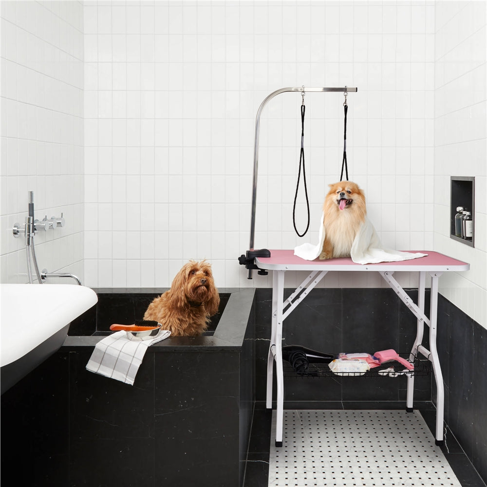 Foldable Dog Grooming Table with Mesh Tool Shelf, Detachable Height Adjustable Arm and Antiskid Surface for Small to Medium Dogs