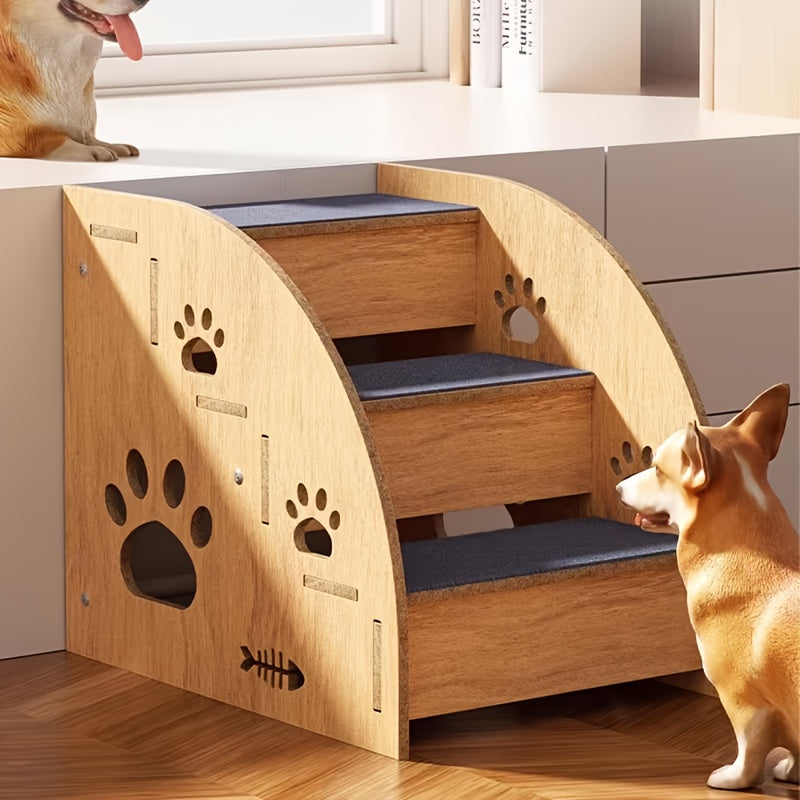 Wooden Pet Stairs with Paw Cutouts, 3-Tier Non-Slip Dog and Cat Steps for Suitable Bed and Sofa Heights, Indoor Furniture Access Ladder for Home Use