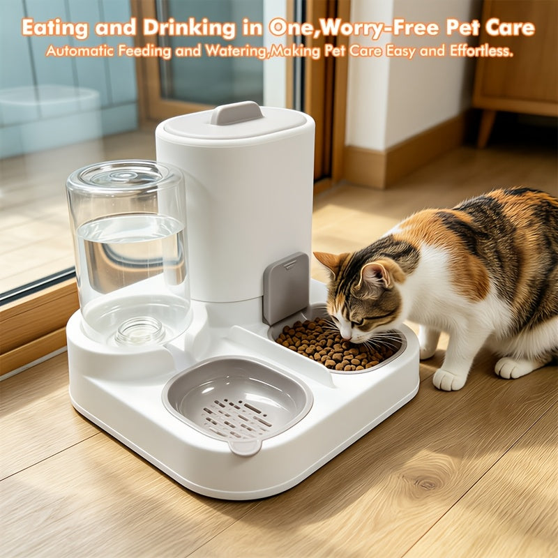 Cat Feeder and Waterer 2-in-1, Gray Integrated Pet Feeding Station with Detachable Stainless Steel Food Bowls and Storage for Cats and Small Dogs