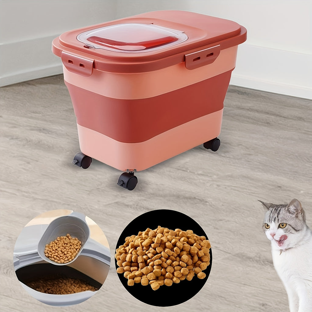 Foldable Dog Food Storage Container with Wheels, Airtight Pet Kibble Bin with Measuring Cup and Scoop, 5-30 lb Capacity for Dogs and Cats