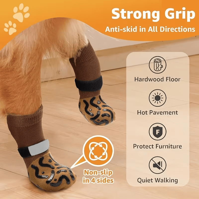 Dog Grip Socks with Snap Buttons and Adjustable Straps, 4 Black Breathable Paw Covers for Hardwood Floors, Non-Slip Pet Socks in XS-XL