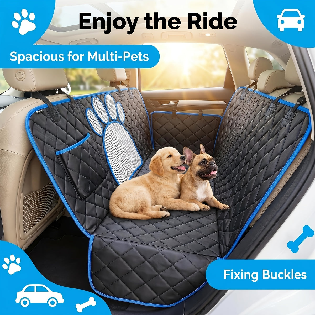 Mesh Dog Car Hammock Seat Cover, Anti-Slip 600D Heavy-Duty Rear Seat Protector for Pet Travel in Sedans, Trucks and SUVs, Blue or Black Trim