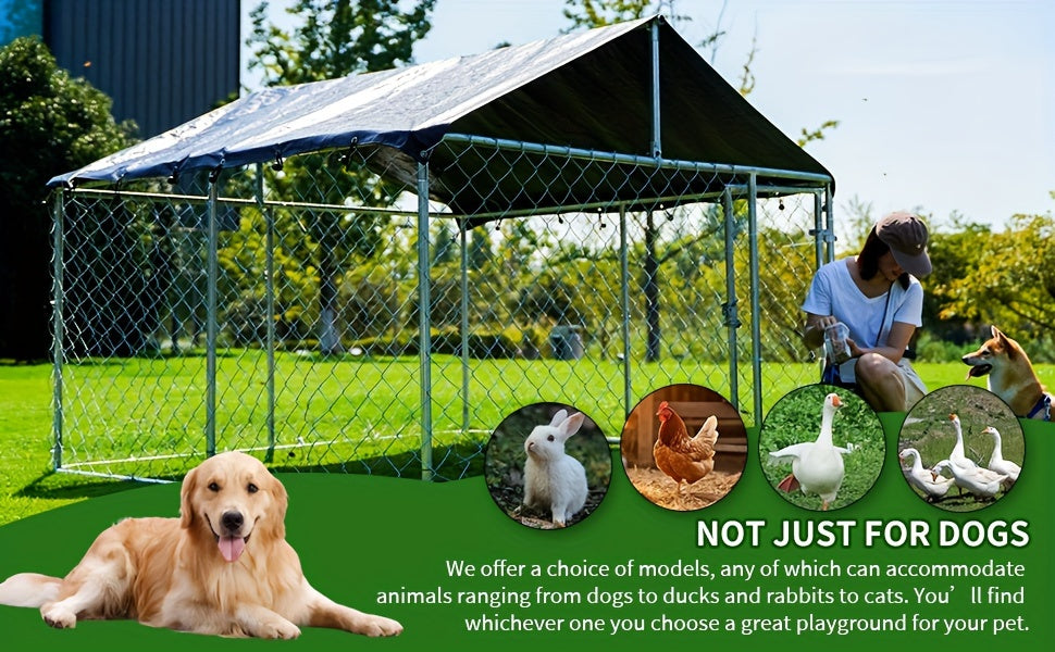 Galvanized Metal Dog Kennel with Canopy, Outdoor Steel Mesh Enclosure with Lockable Gate and PE Roof Cover, Three Backyard Dog Run Size Options