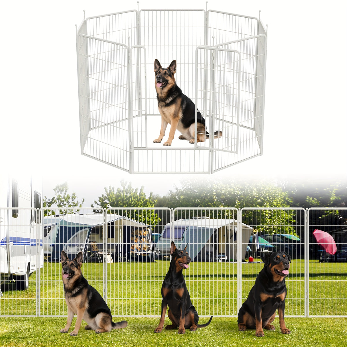 Dog Exercise Pen with Gate, Heavy-Duty Metal Dog Playpen in 8 to 48 Panel Options, Black or White Indoor Outdoor Fence for Yard and RV Camping