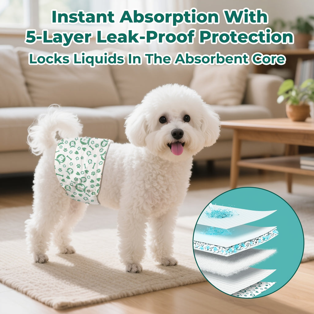Disposable Male Dog Wraps with 5-Layer Absorbent Protection, Soft Breathable Dog Diapers in A001 or A004 Options for Supervised Indoor Accident Care
