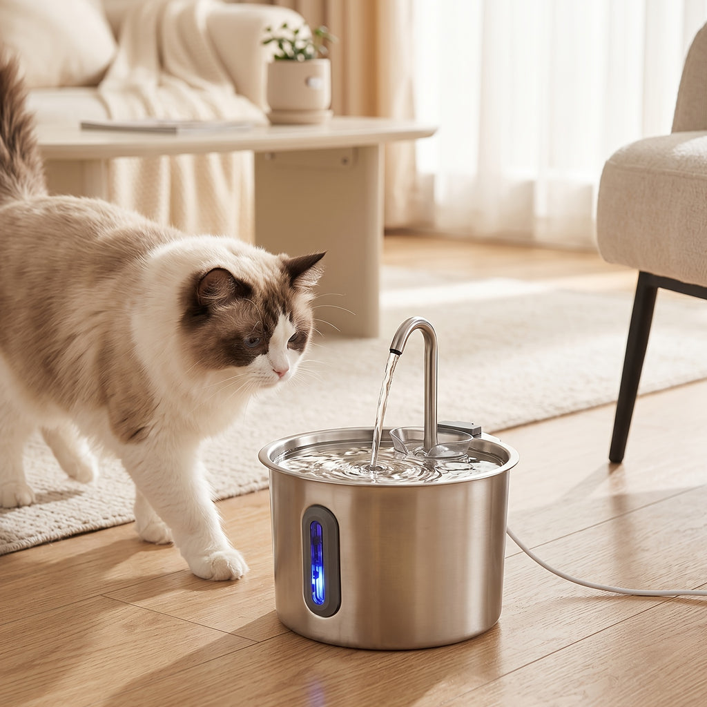 Cat Water Fountain with Filter and Sponge Bundles, 74oz 2.2L Stainless Steel Drinking Dispenser with Water Level Window for Indoor Cats and Small Dogs