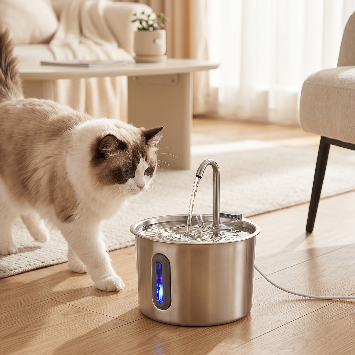 Cat Water Fountain with Filter and Sponge Bundles, 74oz 2.2L Stainless Steel Drinking Dispenser with Water Level Window for Indoor Cats and Small Dogs