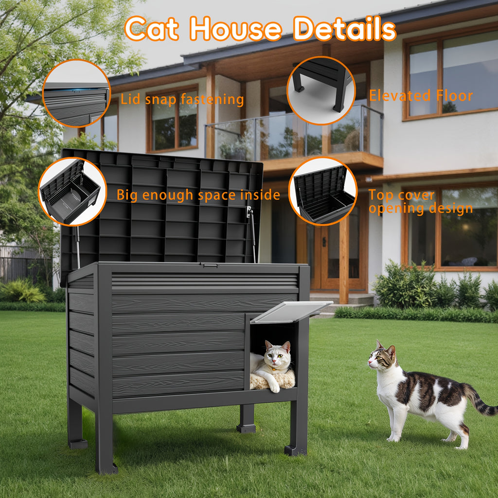 Elevated Cat House with Opening Roof, Black Raised Pet Shelter with Ventilation and Access Door for Covered Porches and Backyard Resting Areas