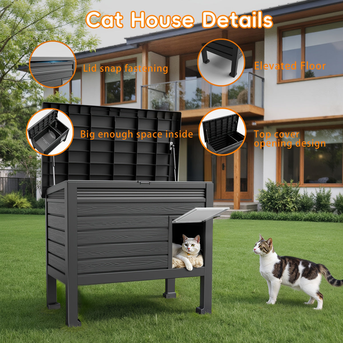 Elevated Cat House with Opening Roof, Black Raised Pet Shelter with Ventilation and Access Door for Covered Porches and Backyard Resting Areas