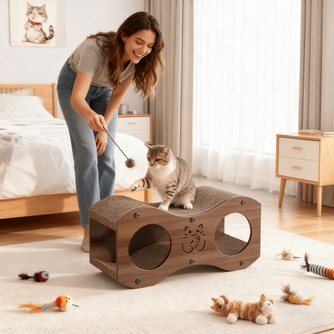 Cat Scratcher Lounge with Double Tunnel Openings, Curved Corrugated Cardboard Scratching Bed with Walnut Color Side Panels for Indoor Rest and Play