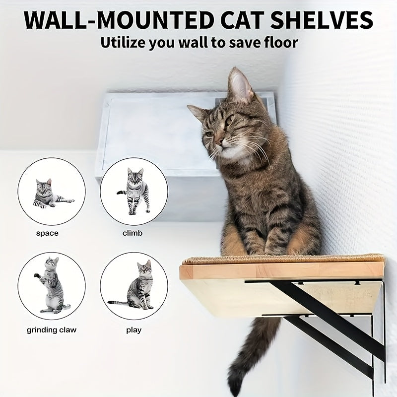 Cat Wall Shelf with Sisal Scratching Mat, Solid Wood Cat Perch with Metal Brackets for Indoor Climbing, Elevated Resting and Space-Saving Lounging