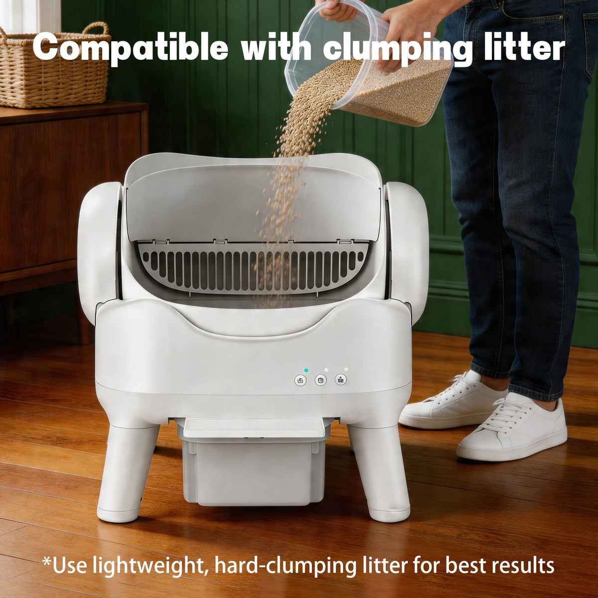 Open Top Self Cleaning Litter Box in White, Automatic Cat Toilet with High Sides, Low Noise Operation and 3.96 Gallon Waste Drawer