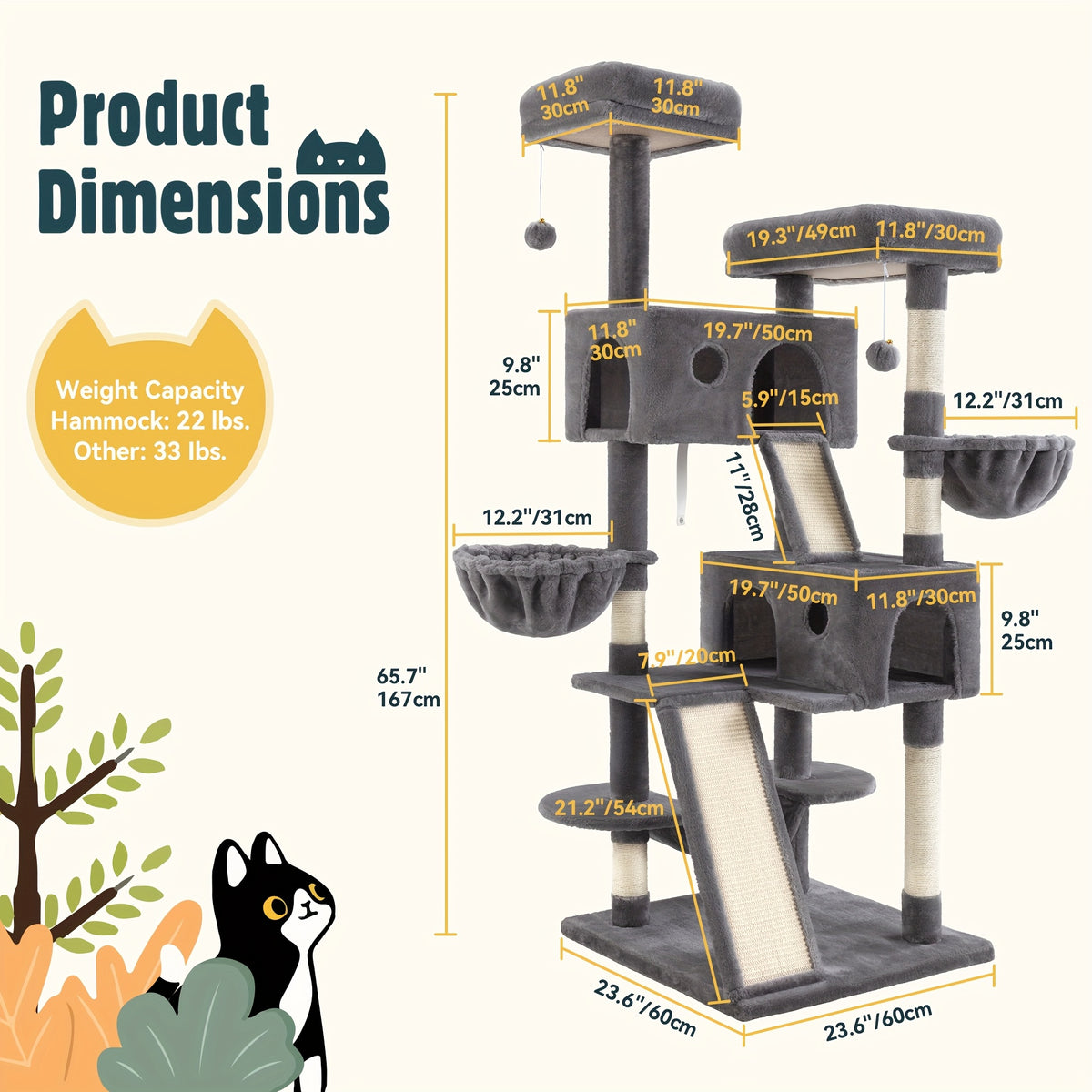 65 Inch Cat Tree Tower for Indoor Cats, Multi-Level Plush Cat Condo with Basket Beds, Hammock, Sisal Scratching Posts and Wide Base, Six Color Options