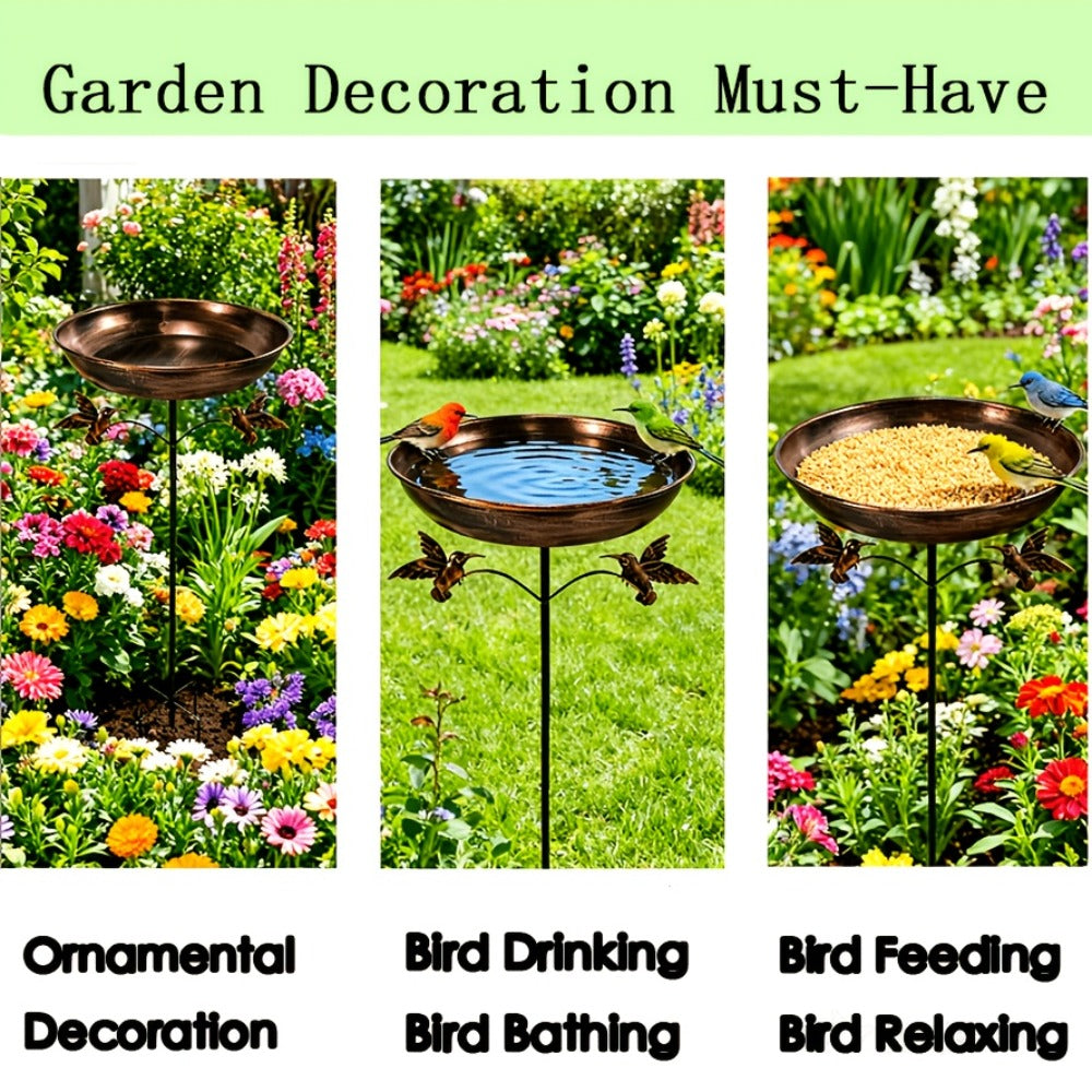 Standing Metal Bird Bath in Copper Tone with Bird Accent, Vintage Bowl-Shaped Outdoor Water Basin for Garden, Yard, Patio and Lawn Decor