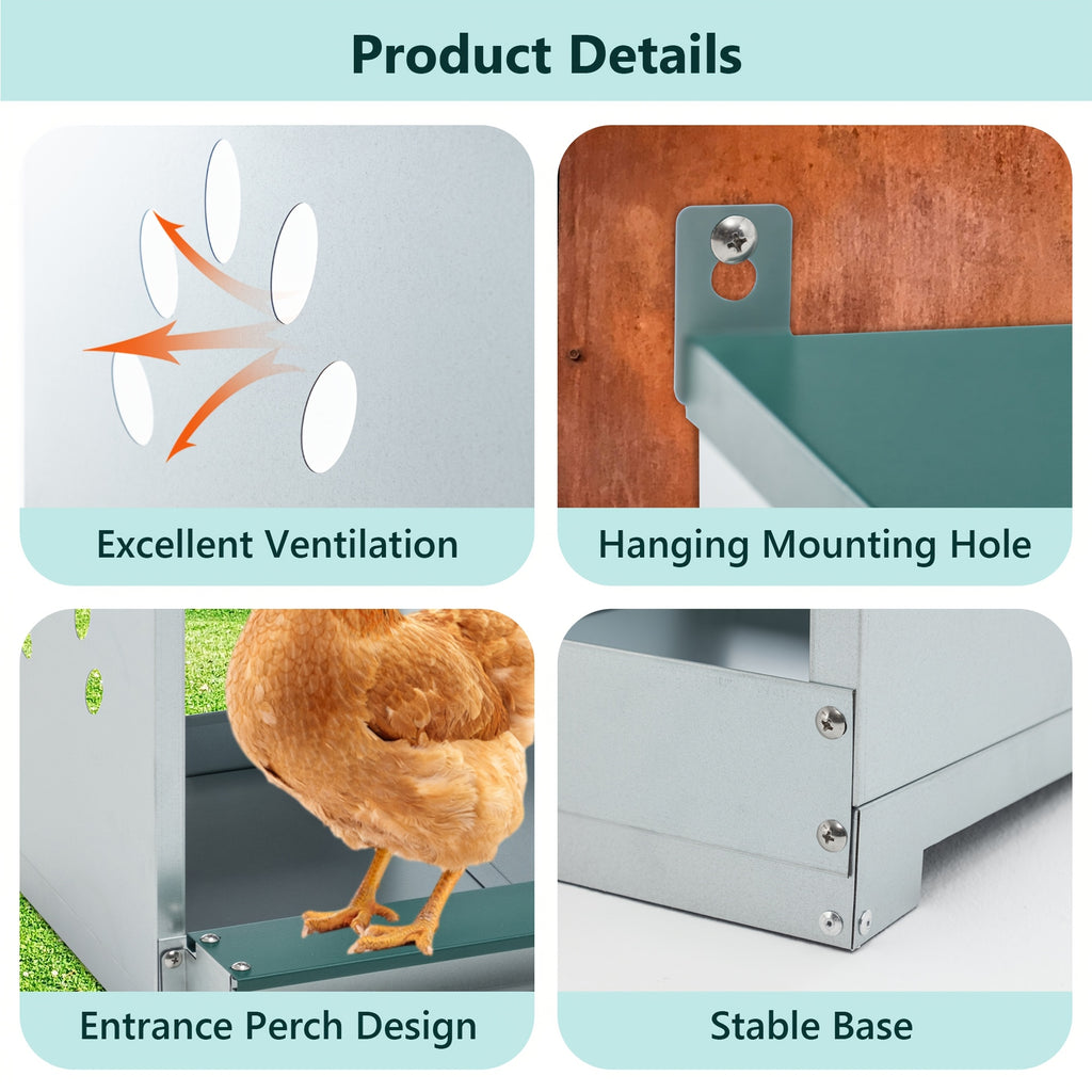 Galvanized Steel Chicken Nesting Box with Ventilation Holes, Green Model 0206 Hen Nest with Removable Divider and Nest Pad for Backyard Coops