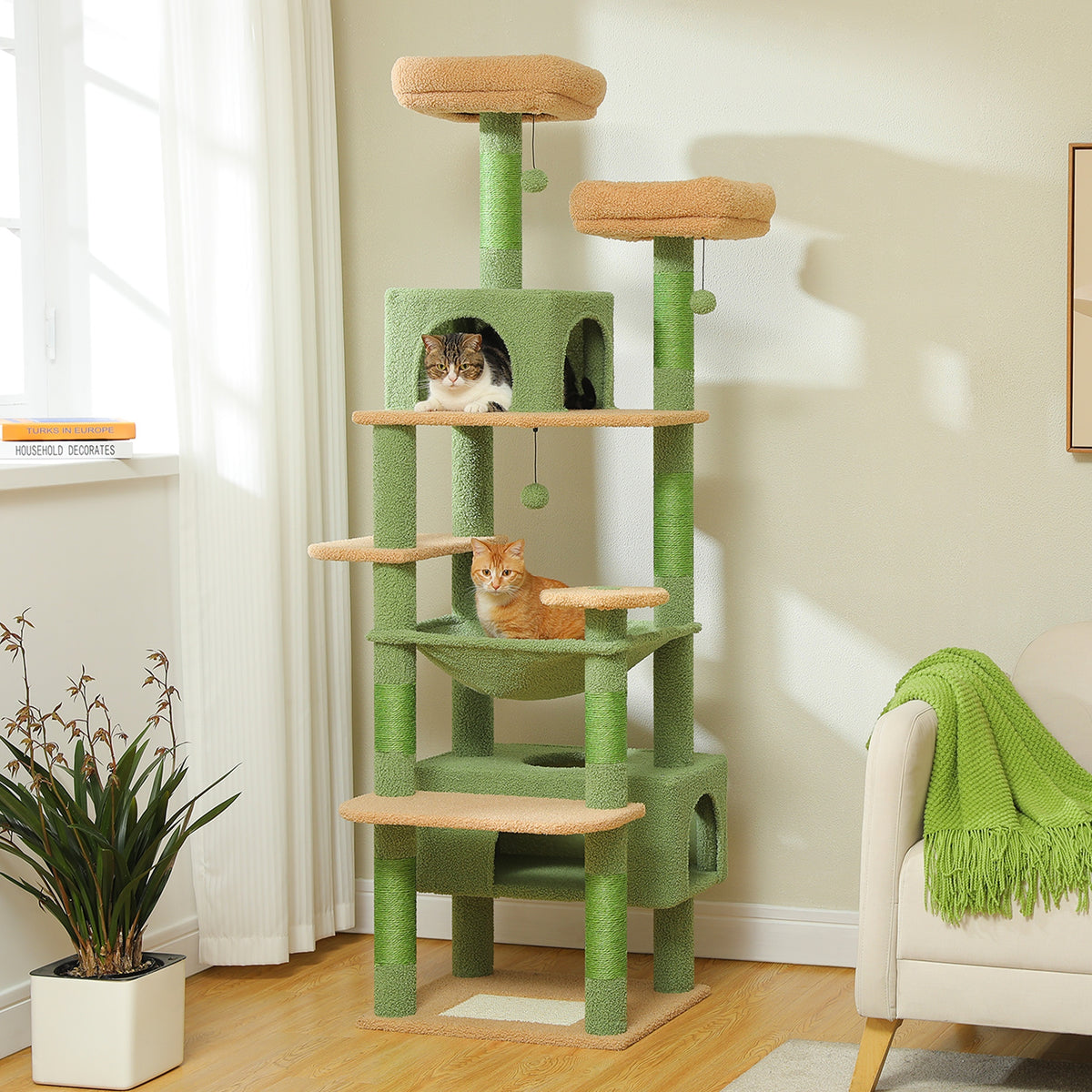 Cat Tree with Eight Levels, 72 Inch Indoor Cat Tower with Spacious Condo, Sisal Scratching Posts, Padded Perches and Basket for Rest and Play