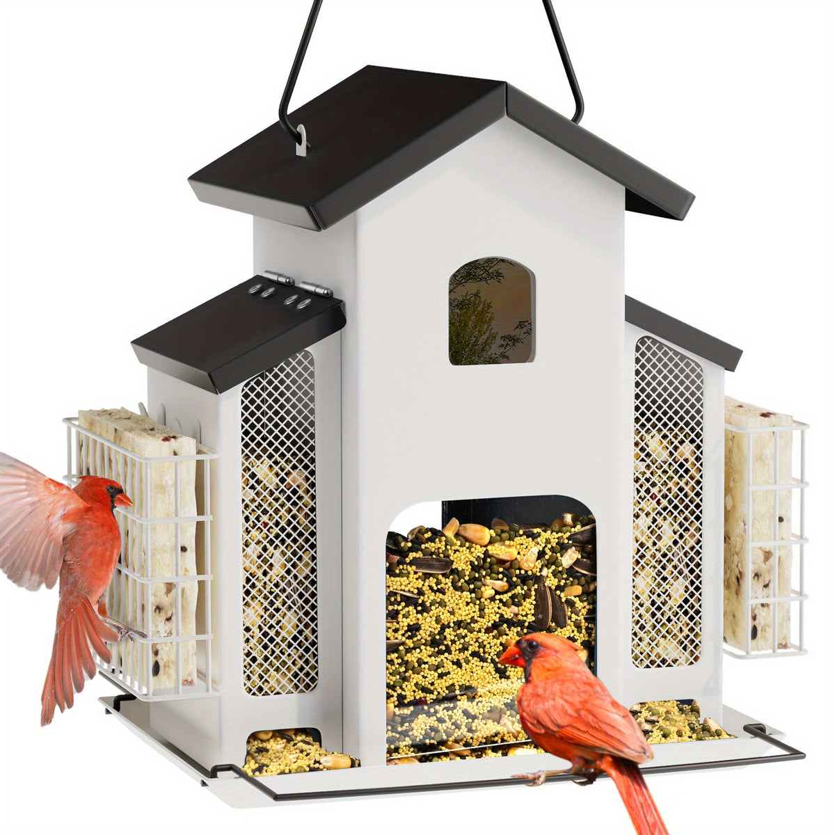 Hanging Metal Bird Feeder with Mesh Seed Compartments and Side Food Cages, House-Shaped Outdoor Feeding Station in Blue, Red or White for Backyard Birdwatching