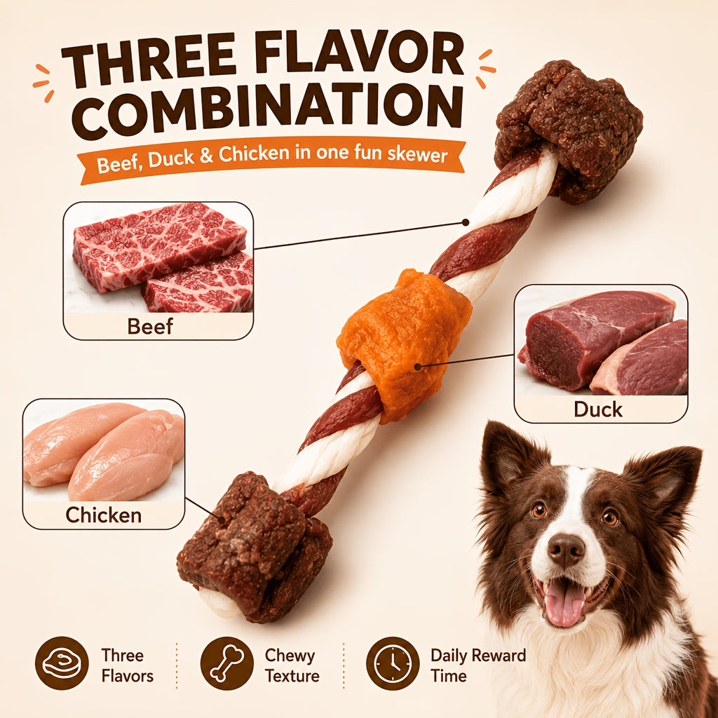 Triple Flavor Dog Chew Skewers with Chicken, Duck and Beef Options, Chicken Bone and Dumbbell Treat Selections for Supervised Snack Time