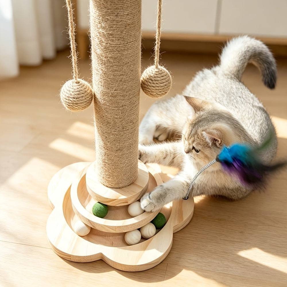 Cat Scratching Post with Six Wooden Balls, Brown Multi-Level Sisal Scratcher with Two Hanging Balls and Two Feather Toys for Indoor Play