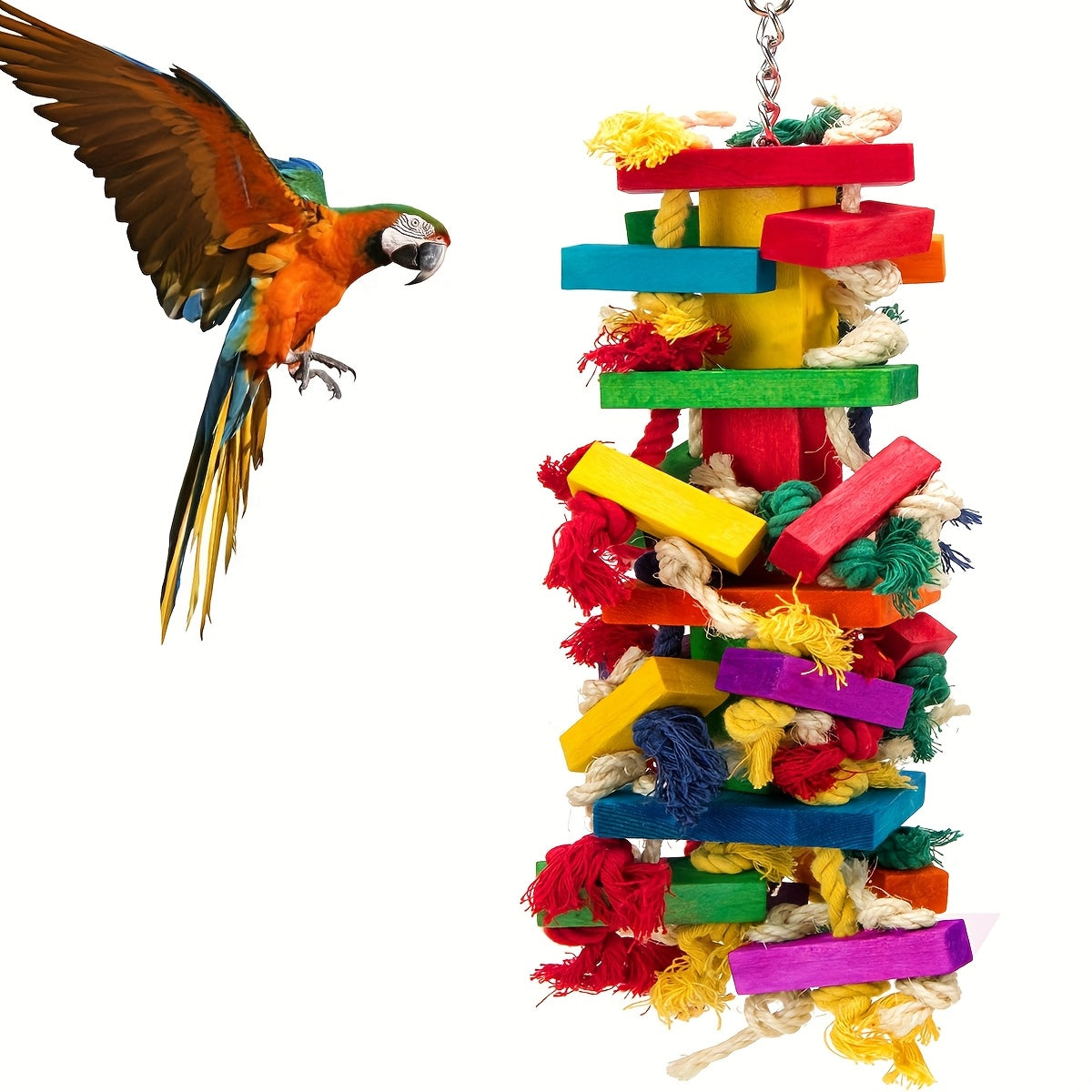 Parrot Chew Toy with Colorful Wooden Blocks and Hanging Chain, Extra Large Bird Cage Activity Toy for Macaws and African Grey Parrots