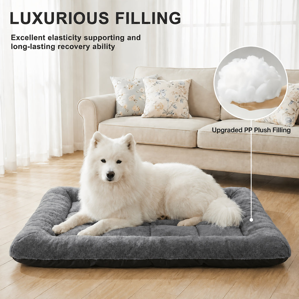 Fleece Dog Crate Pad with PP Cotton Filling, Gray Washable Flat Kennel Mat with Non-Slip Bottom, Cozy Pet Bedding in Five Sizes up to 54 x 36 Inches