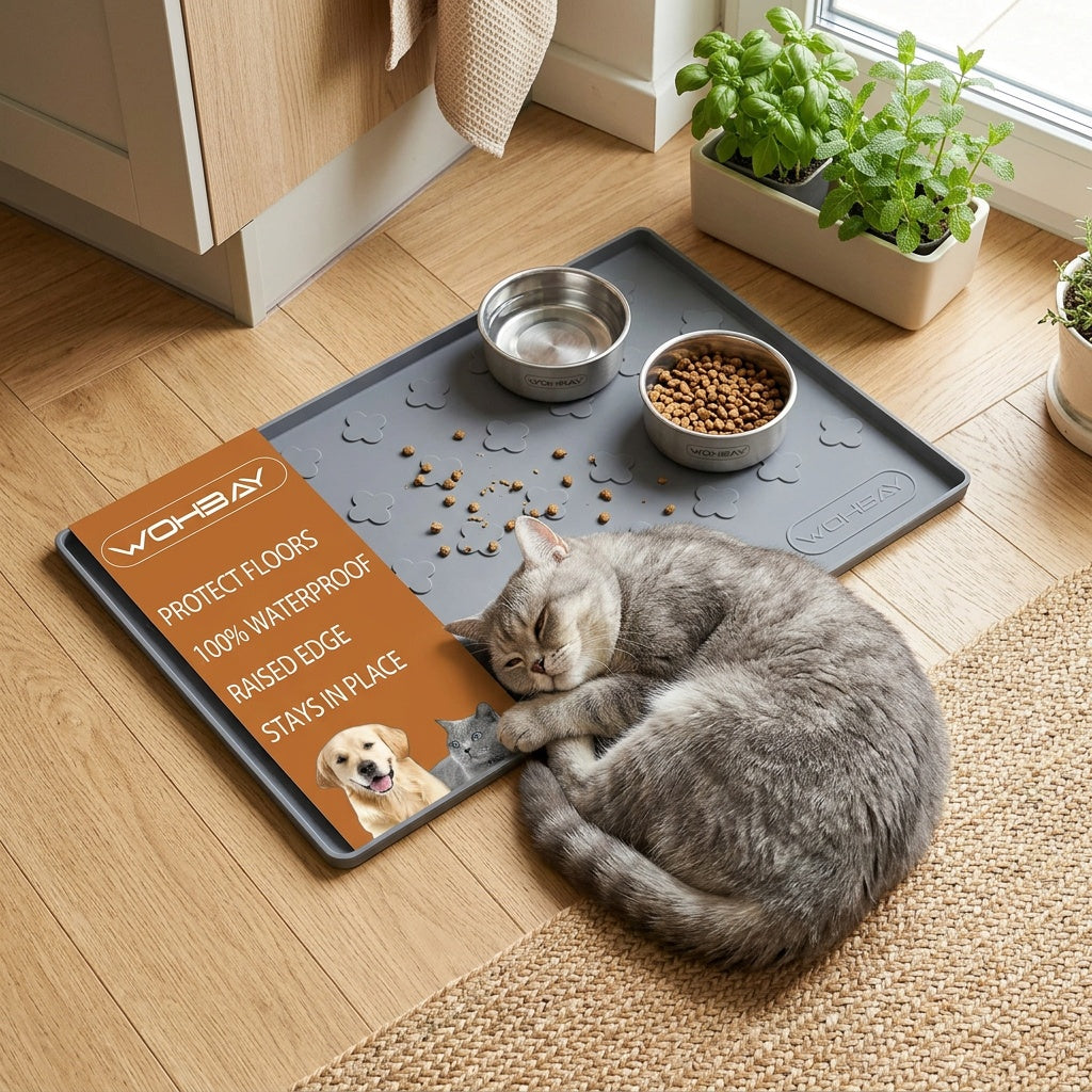 Pet Feeding Mat with Raised Edge, BPA-Free Non-Slip Dog and Cat Food Water Bowl Placemat, Dishwasher Safe in 34 x 22 or 17 x 12.6 Inches