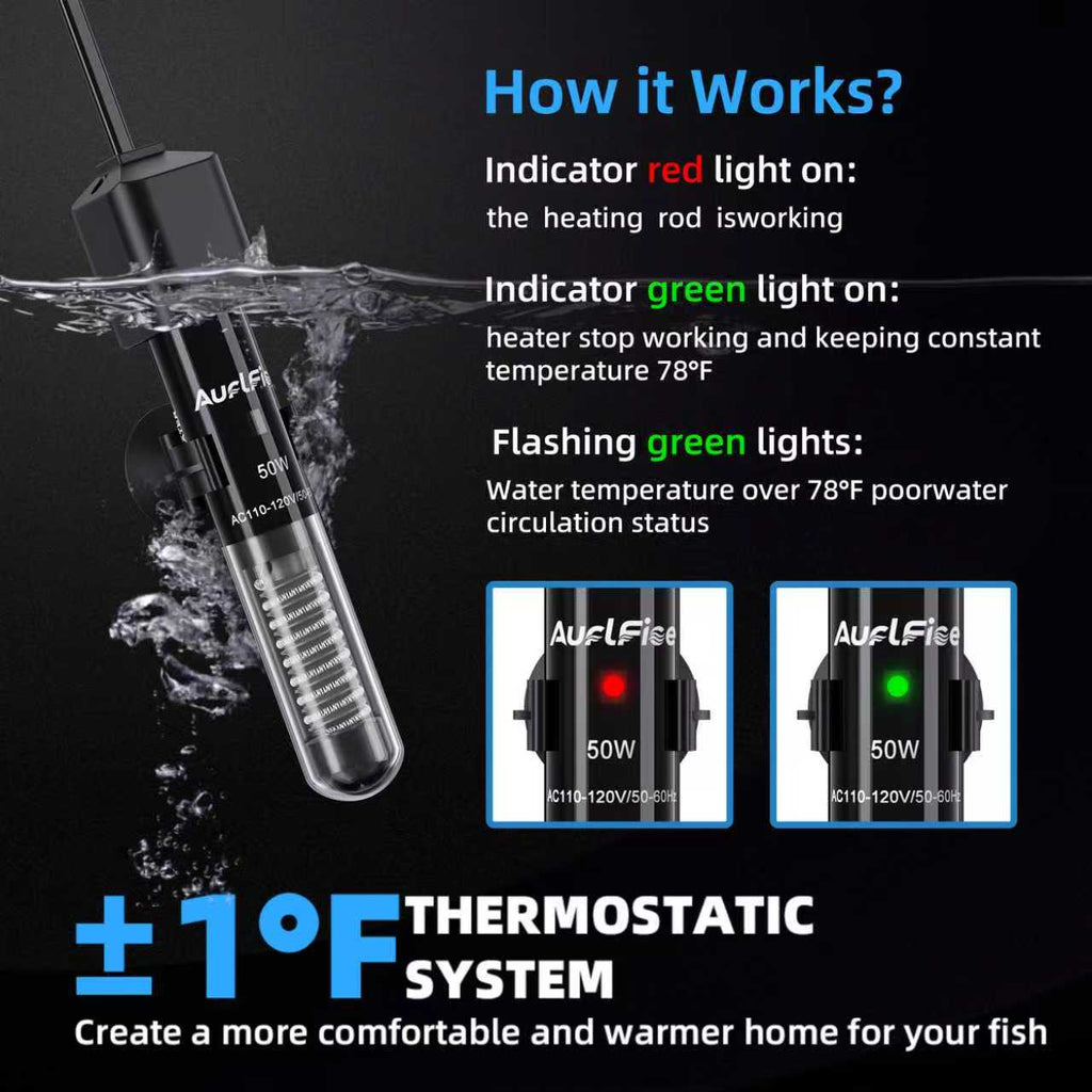 Small Fish Tank Heater 50W, Mini Submersible Aquarium Heater Preset to 78°F for 1-10 Gallon Tanks, 4.5-Inch Design with Thermometer Strip