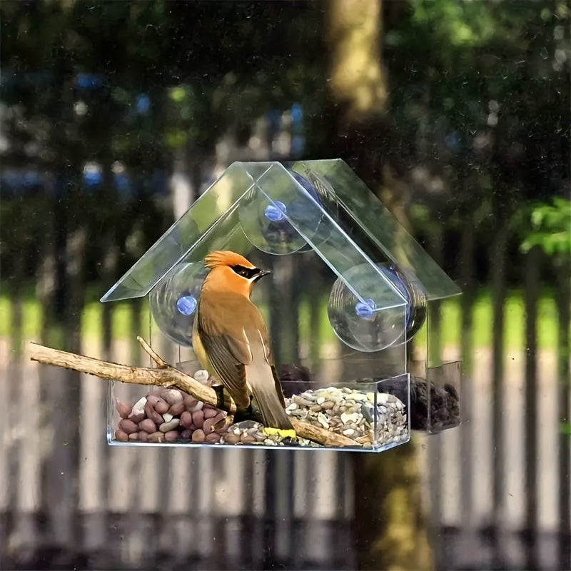 Clear Acrylic Window Bird Feeder with House-Shaped Seed Tray and Suction Cup Mount, Transparent Feeder for At-Home Bird Watching