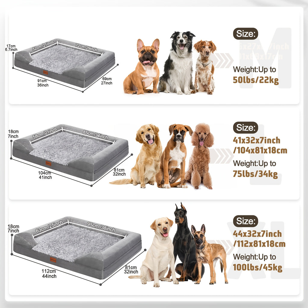 Plush Foam Dog Bed with Removable Washable Cover, Gray Egg Crate Pet Lounger with Raised Edges in Large Rectangle and Semicircle Options
