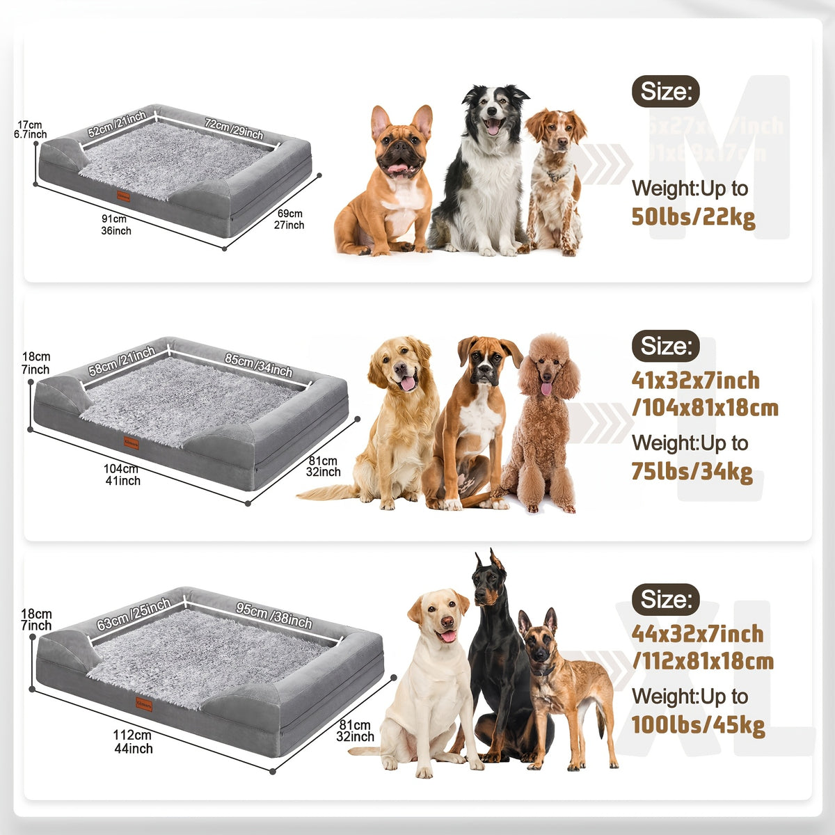 Plush Foam Dog Bed with Removable Washable Cover, Gray Egg Crate Pet Lounger with Raised Edges in Large Rectangle and Semicircle Options