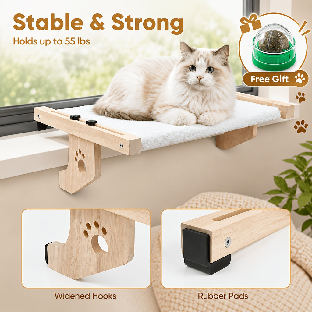 Wood Frame Cat Window Perch, Adjustable Hanging Indoor Cat Bed for Compatible Windowsills, Bedsides, Drawers and Shelves, Space-Saving Lounging Spot