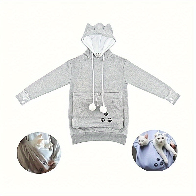 Pet Carrier Hoodie with Kangaroo Pouch for Cats and Small Dogs, Unisex Light Grey Sweatshirt with Removable Washable Liner, Ears and Paw Print Design