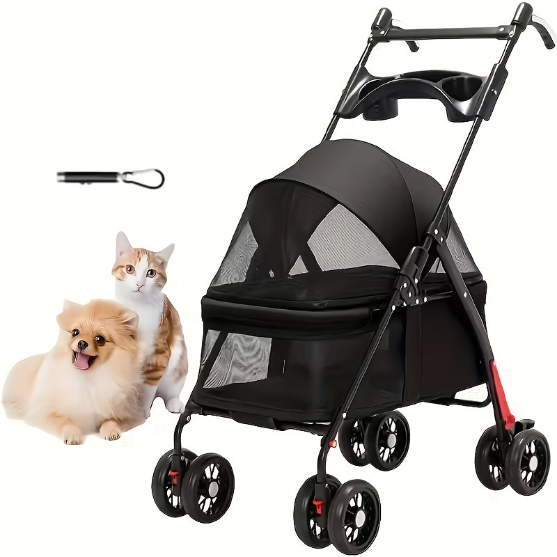 Dog and Cat Stroller in Black, Four-Wheel Pet Pushchair with Foldable Cage, Storage Basket and Cup Holder for Small to Medium Pets
