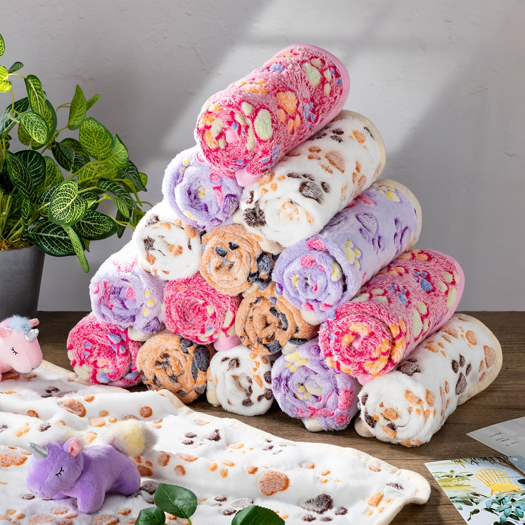Fleece Pet Blankets 40 Pack, Washable Paw Print Throws for Small Dogs, Puppies, Cats and Kittens, Soft 24 x 16 Inch Bedding in 4 Colors