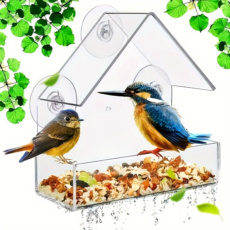 Clear Acrylic Window Bird Feeder with House-Shaped Seed Tray and Suction Cup Mount, Transparent Feeder for At-Home Bird Watching