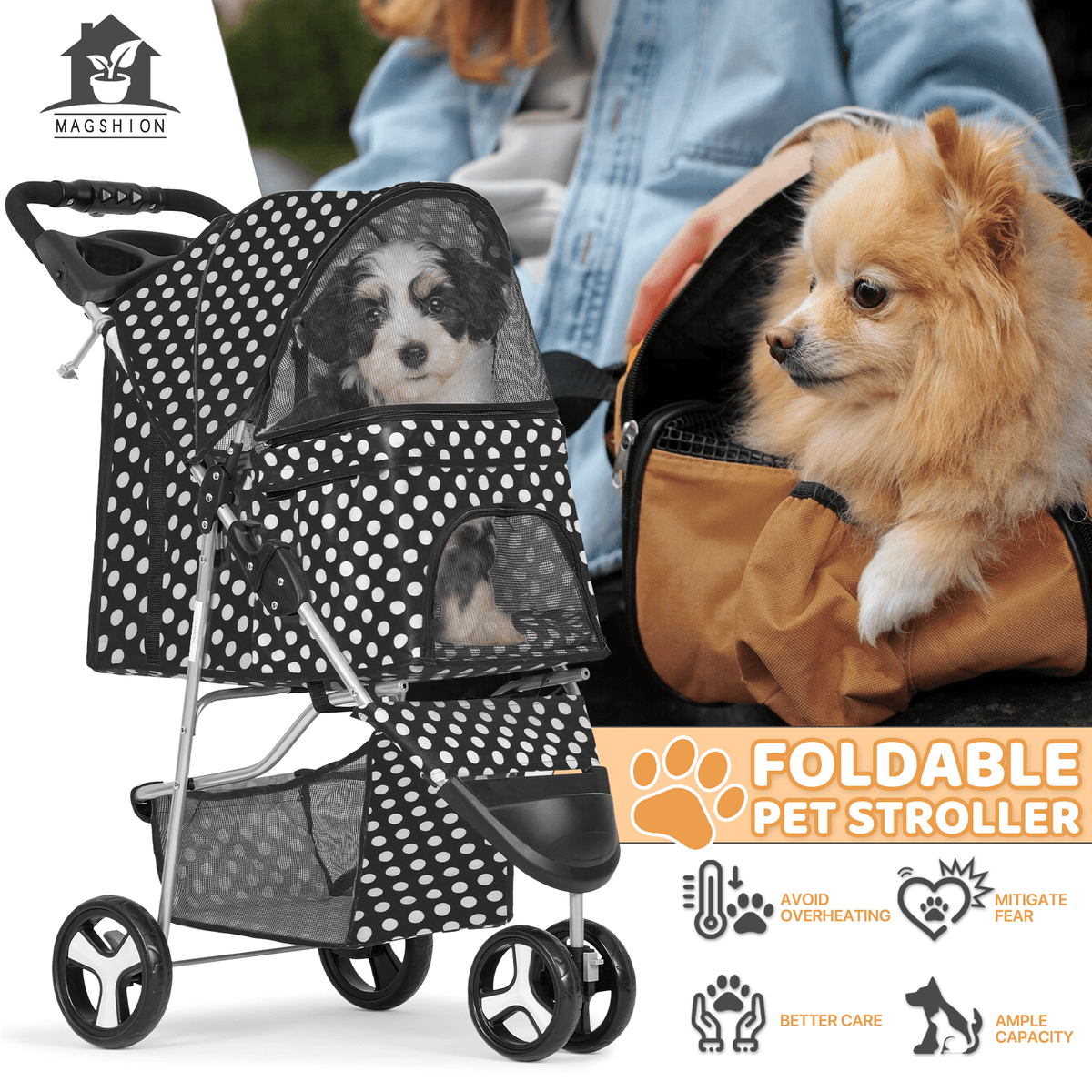 Pet Stroller with Storage Basket and Cup Holder, Magshion Three-Wheel Foldable Pushchair for Small and Medium Dogs and Cats, 14 Color and Pattern Options