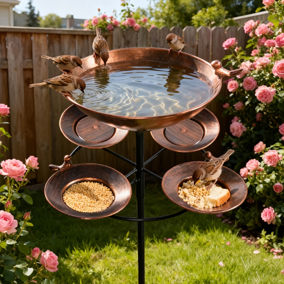 Tree-Shaped Bird Bath in Copper Color, Double-Layer Outdoor Water and Feeding Basin Design with Five-Claw Base for Garden, Yard and Courtyard Decor