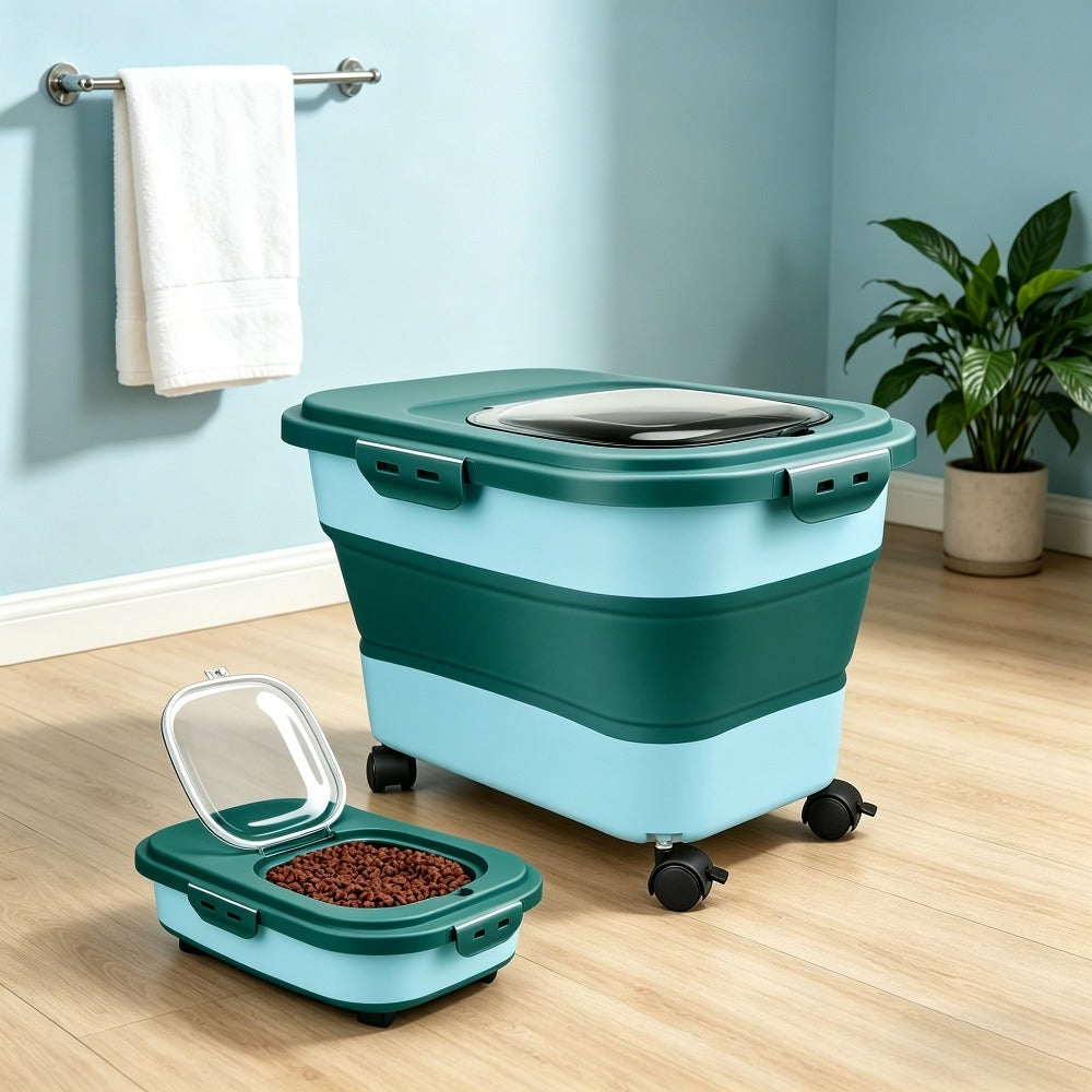 Pet Food Storage Container with Foldable Design, 5–30 lb Dog and Cat Food Bin with Airtight Lid and Wheels for Everyday Pantry Organization