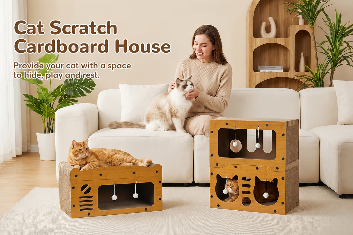 Cardboard Cat House with Scratching Board and Pompom Toy, Indoor Cat Hideout Bed for Scratching and Resting, Single or Double Layer Options