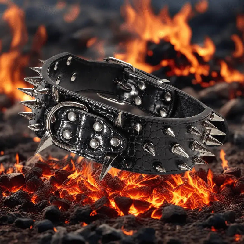 Spiked Dog Collar 2 Inch Wide with Adjustable Buckle, Leather-Like Statement Collar for Medium and Large Dogs, Four Colors in M to XXL Sizes