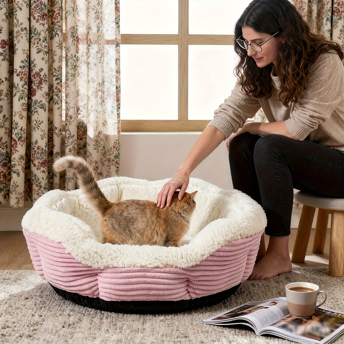 Machine Washable Pet Bed for Cats and Dogs, Thick Plush Winter Sleeping Cushion with Non-Slip Base, Pink or Gray in Round and Rectangle Options