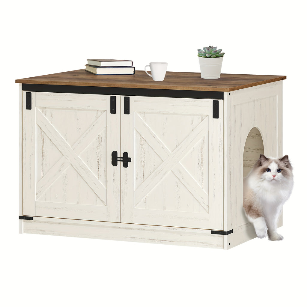 Hidden Litter Box Furniture with Barn Doors, Farmhouse Cat Cabinet with Reversible Entrance, Removable Divider and Ventilation Holes