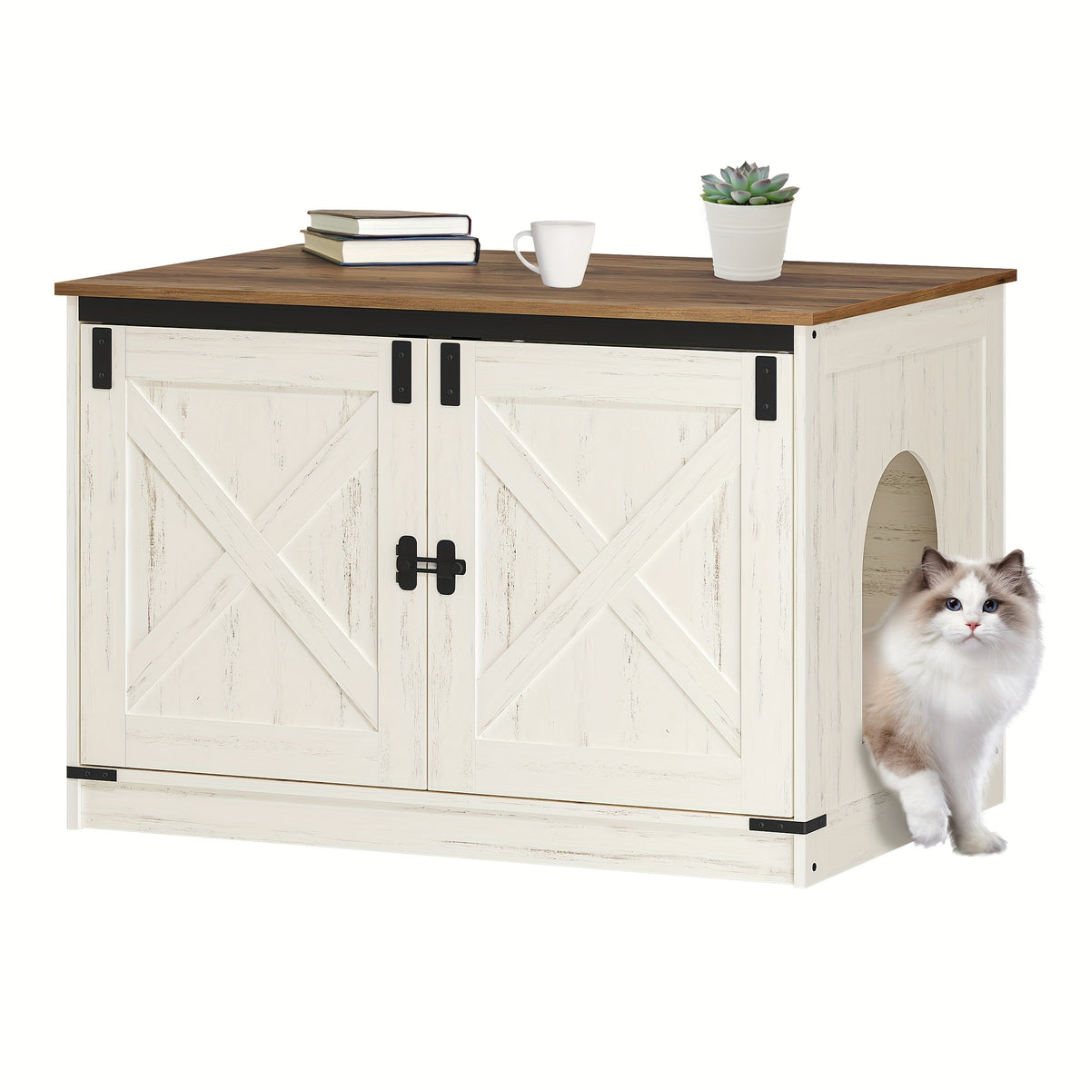 Hidden Litter Box Furniture with Barn Doors, Farmhouse Cat Cabinet with Reversible Entrance, Removable Divider and Ventilation Holes