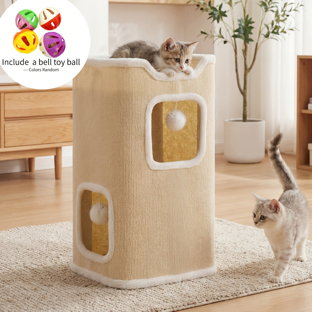 Cat Condo Cube Tower for Indoor Cats, Space-Saving Cat House Bed with Hanging Plush Ball, One to Three Stories in Beige, Coffee or Light Gray